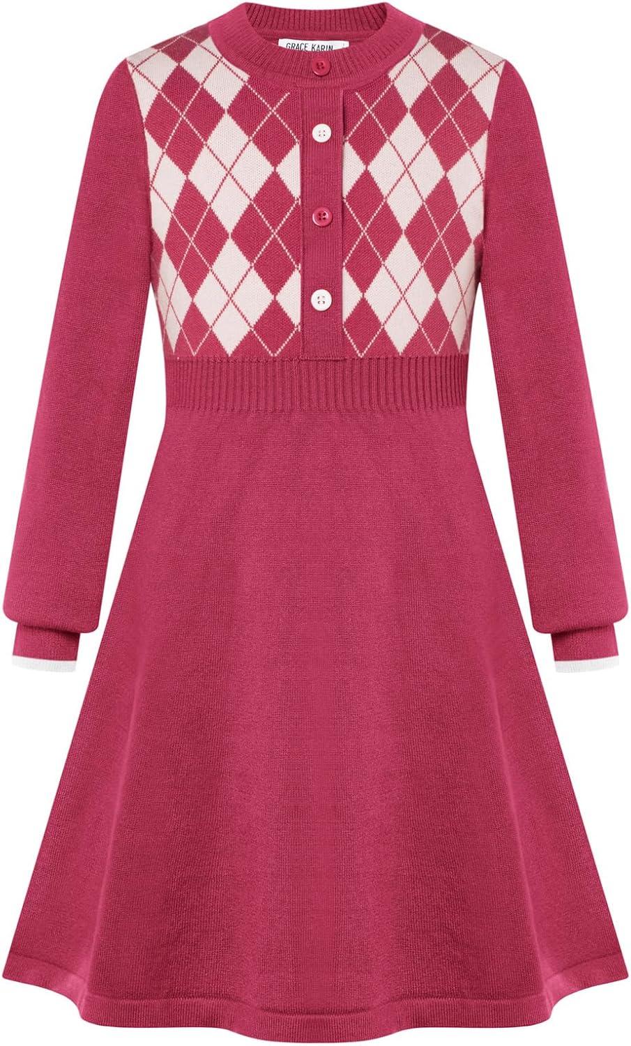 imageGRACE KARIN Girls Argyle Knit Sweater Dress Long Sleeve Fall Winter Christmas Dresses 614YRose Red