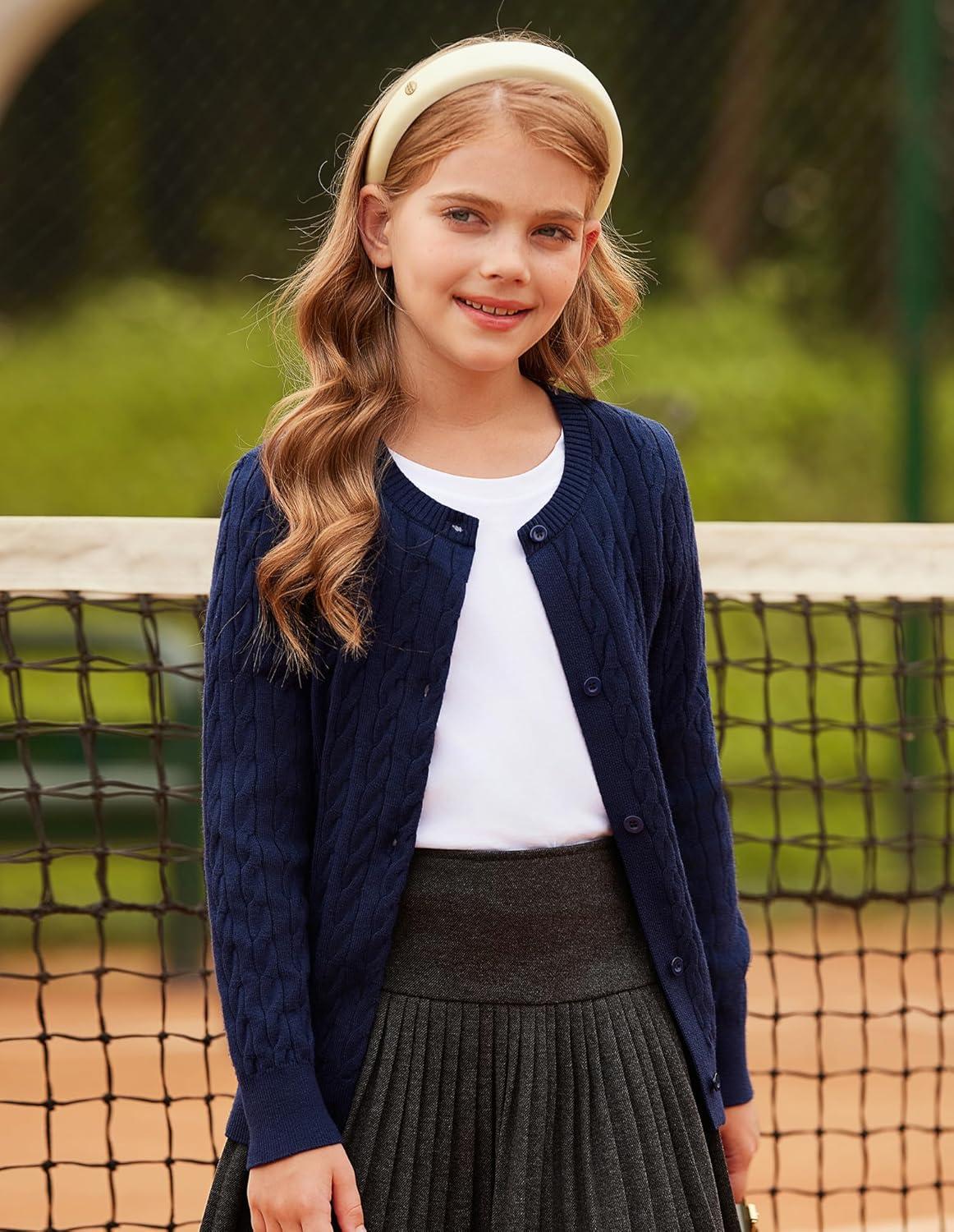 imageGRACE KARIN Girls Cardigan Button Front Cable Knitted School Uniform Sweater for 612 YearsNavy Blue