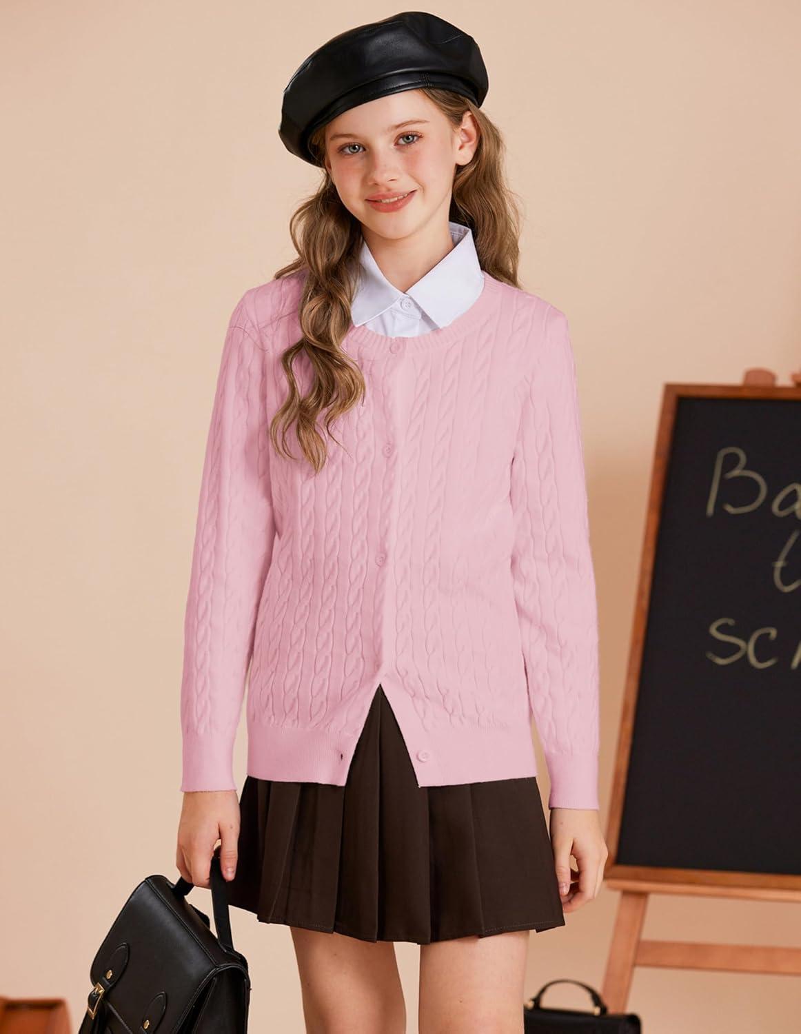imageGRACE KARIN Girls Cardigan Button Front Cable Knitted School Uniform Sweater for 612 YearsPink