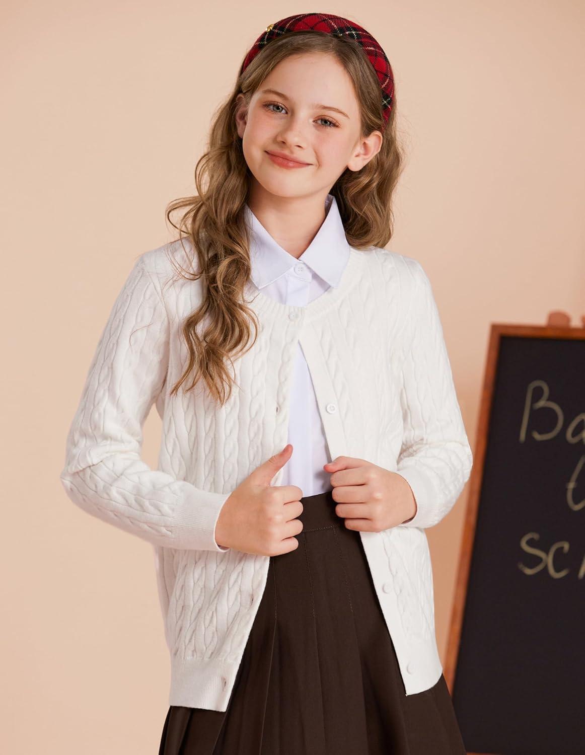 imageGRACE KARIN Girls Cardigan Button Front Cable Knitted School Uniform Sweater for 612 YearsWhite