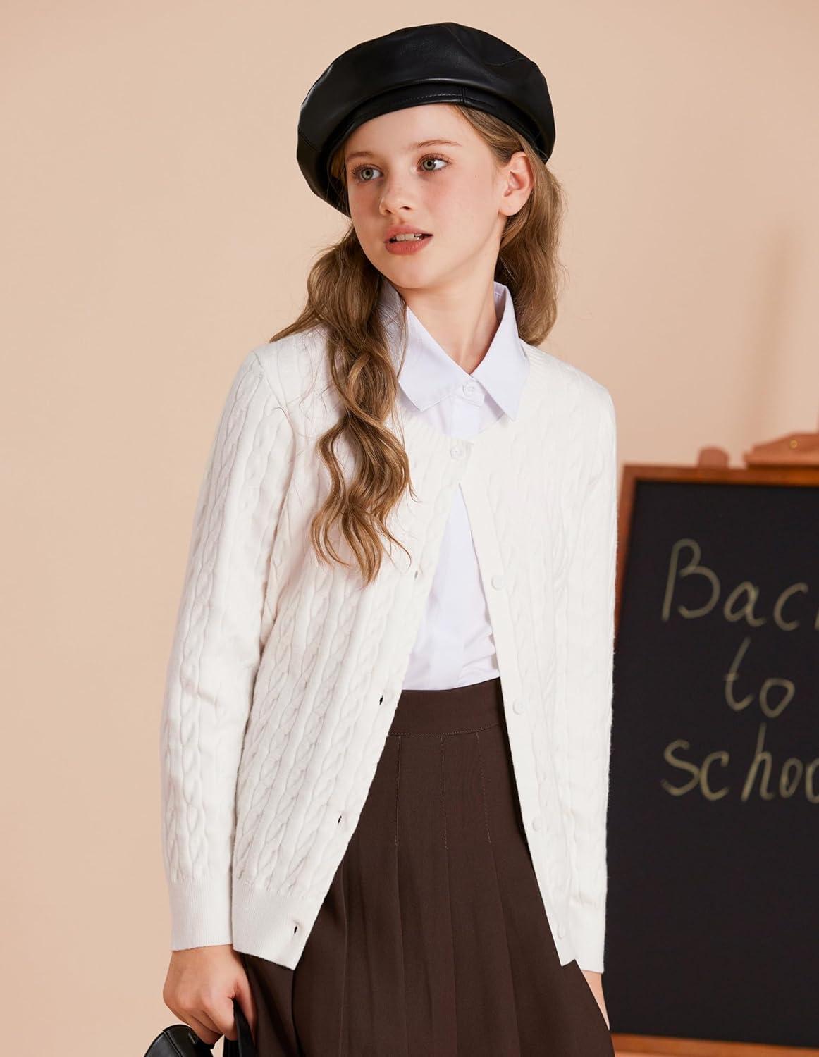 imageGRACE KARIN Girls Cardigan Button Front Cable Knitted School Uniform Sweater for 612 YearsWhite