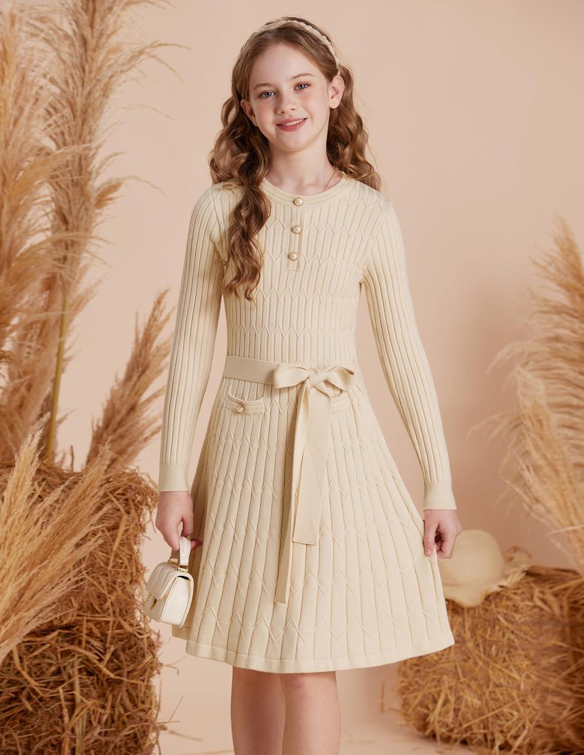 imageGRACE KARIN Girls Dress Fall Winter Sweater Long Sleeve Cable Knit Button Casual Dresses for Teen Girl 614YApricot