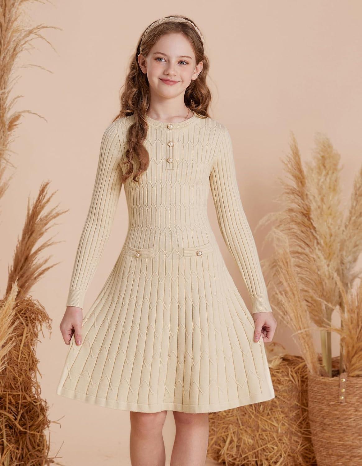 imageGRACE KARIN Girls Dress Fall Winter Sweater Long Sleeve Cable Knit Button Casual Dresses for Teen Girl 614YApricot