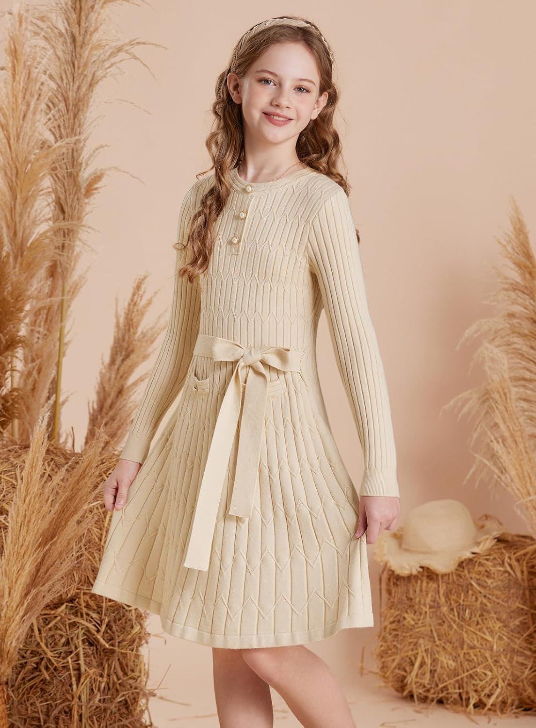 imageGRACE KARIN Girls Dress Fall Winter Sweater Long Sleeve Cable Knit Button Casual Dresses for Teen Girl 614YApricot