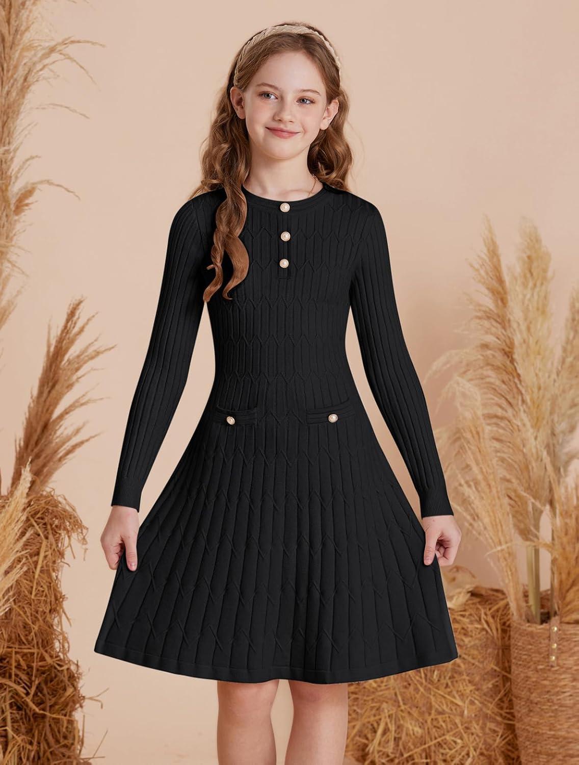 imageGRACE KARIN Girls Dress Fall Winter Sweater Long Sleeve Cable Knit Button Casual Dresses for Teen Girl 614YBlack