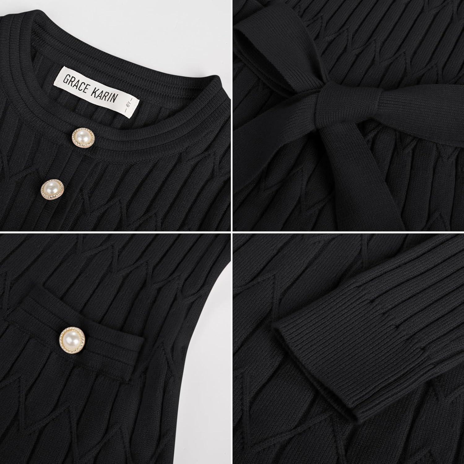 imageGRACE KARIN Girls Dress Fall Winter Sweater Long Sleeve Cable Knit Button Casual Dresses for Teen Girl 614YBlack
