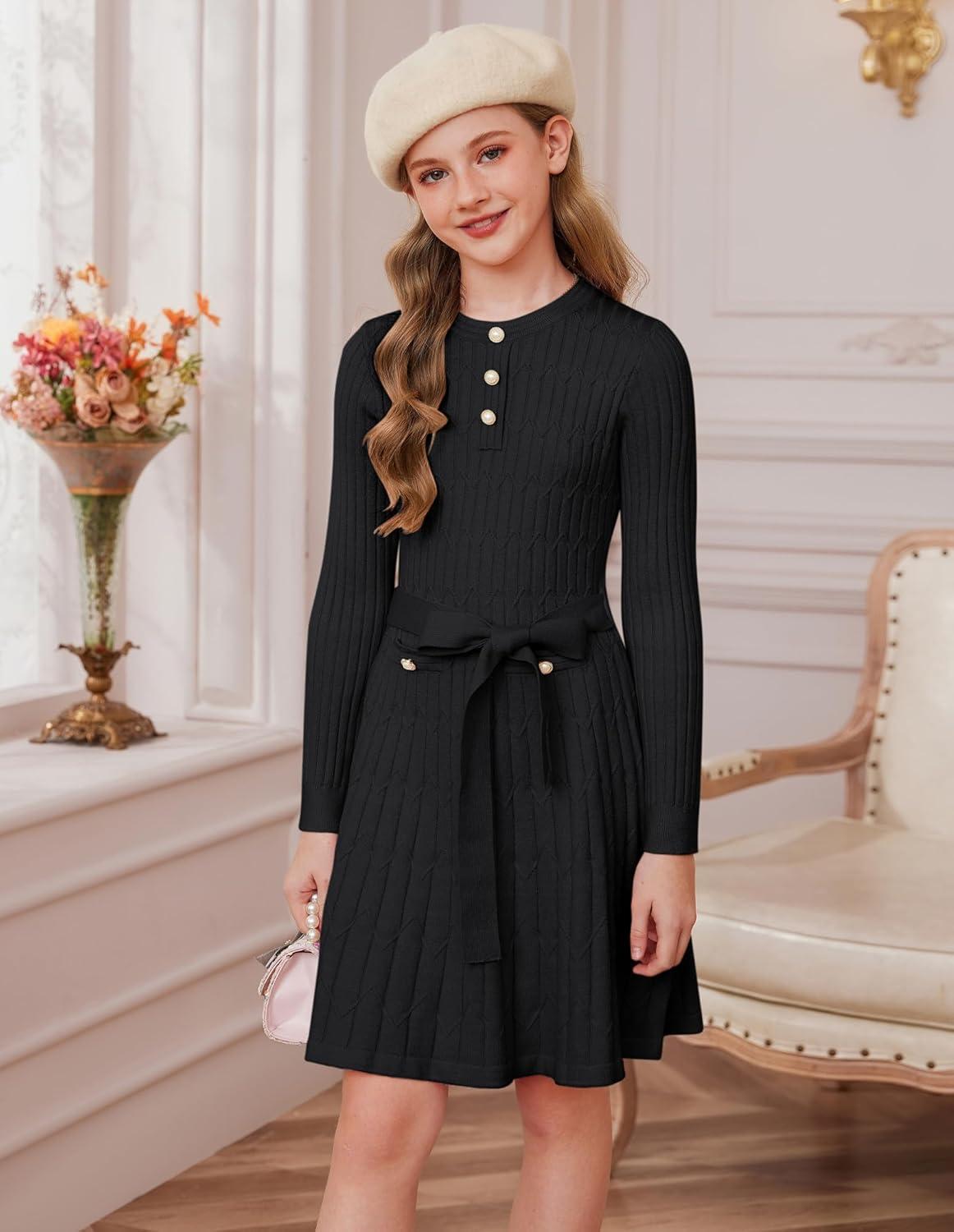 imageGRACE KARIN Girls Dress Fall Winter Sweater Long Sleeve Cable Knit Button Casual Dresses for Teen Girl 614YBlack