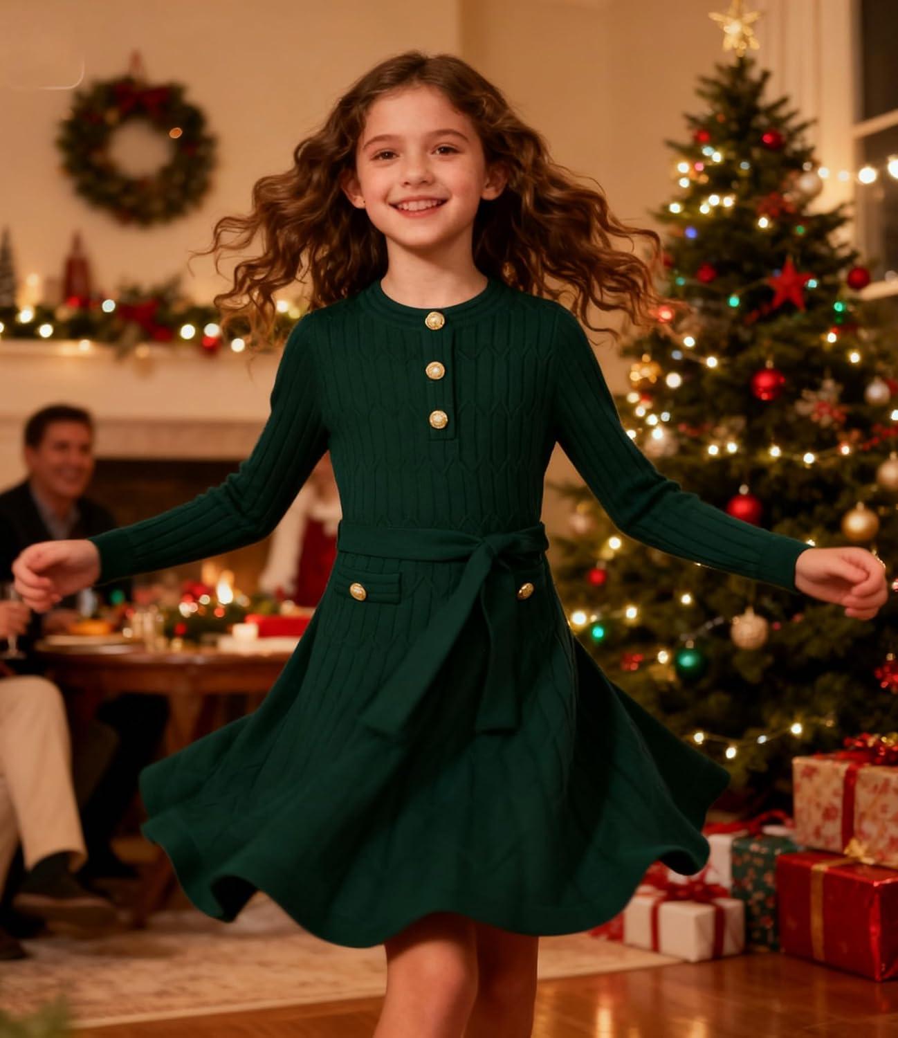 imageGRACE KARIN Girls Dress Fall Winter Sweater Long Sleeve Cable Knit Button Casual Dresses for Teen Girl 614YDark Green