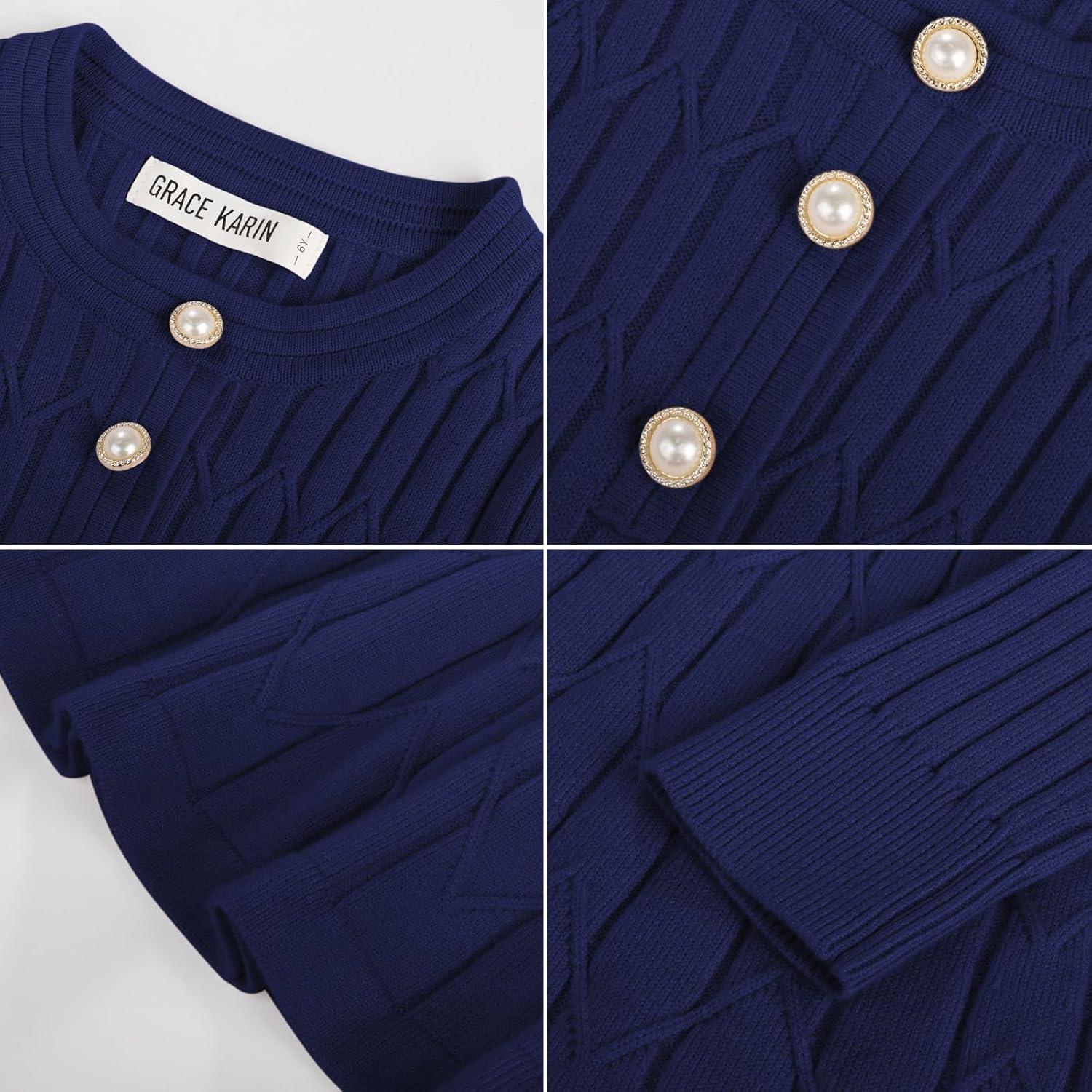 imageGRACE KARIN Girls Dress Fall Winter Sweater Long Sleeve Cable Knit Button Casual Dresses for Teen Girl 614YNavy Blue