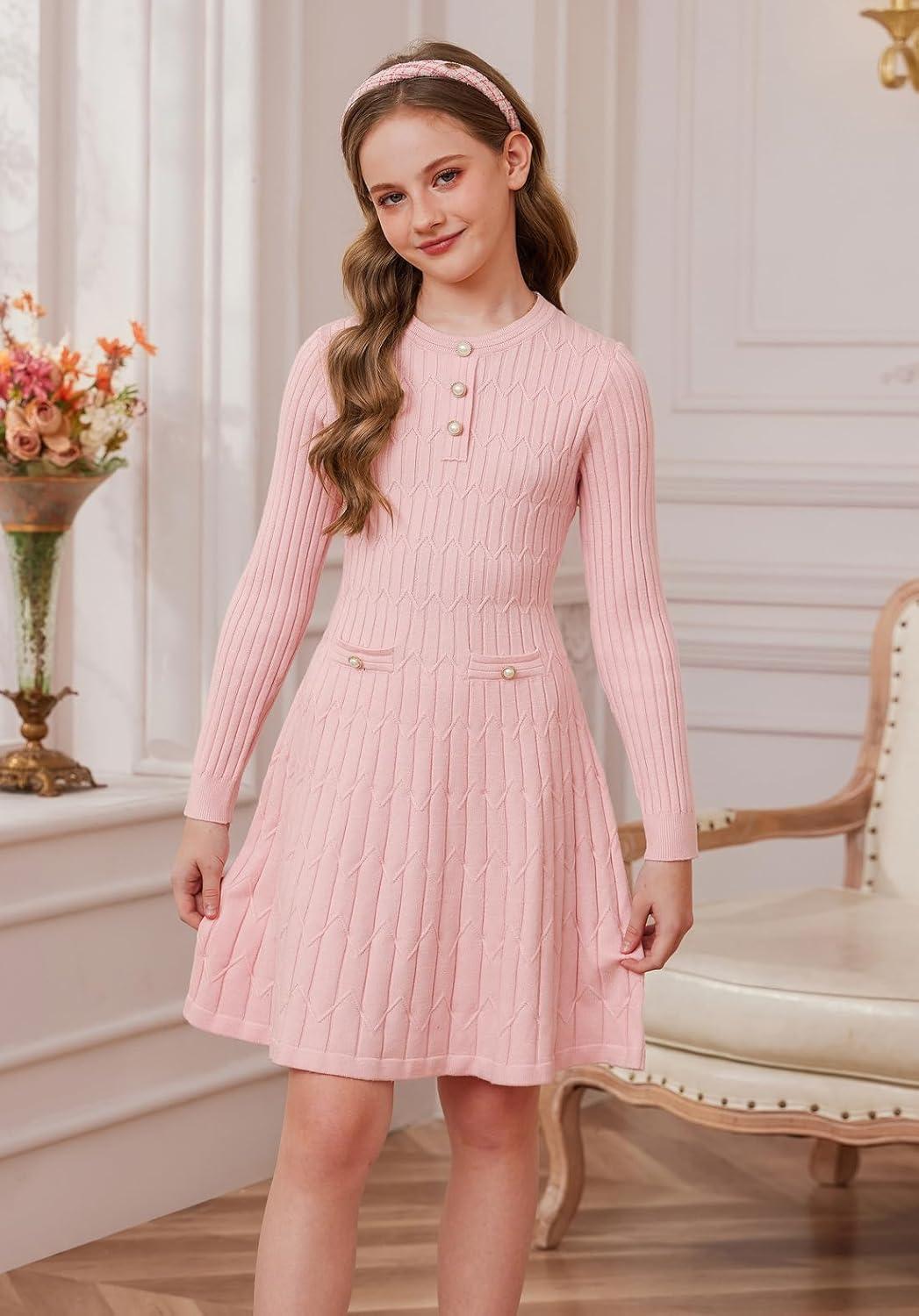 imageGRACE KARIN Girls Dress Fall Winter Sweater Long Sleeve Cable Knit Button Casual Dresses for Teen Girl 614YPink