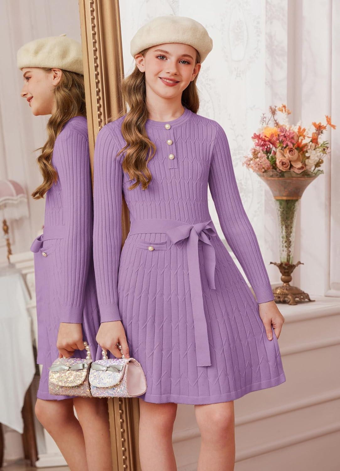 imageGRACE KARIN Girls Dress Fall Winter Sweater Long Sleeve Cable Knit Button Casual Dresses for Teen Girl 614YPurple