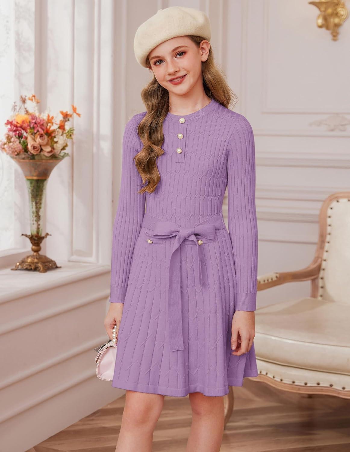 imageGRACE KARIN Girls Dress Fall Winter Sweater Long Sleeve Cable Knit Button Casual Dresses for Teen Girl 614YPurple