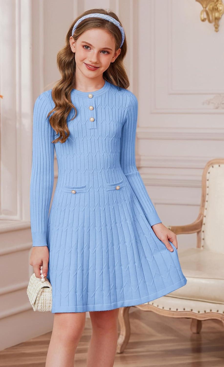 imageGRACE KARIN Girls Dress Fall Winter Sweater Long Sleeve Cable Knit Button Casual Dresses for Teen Girl 614YSky Blue