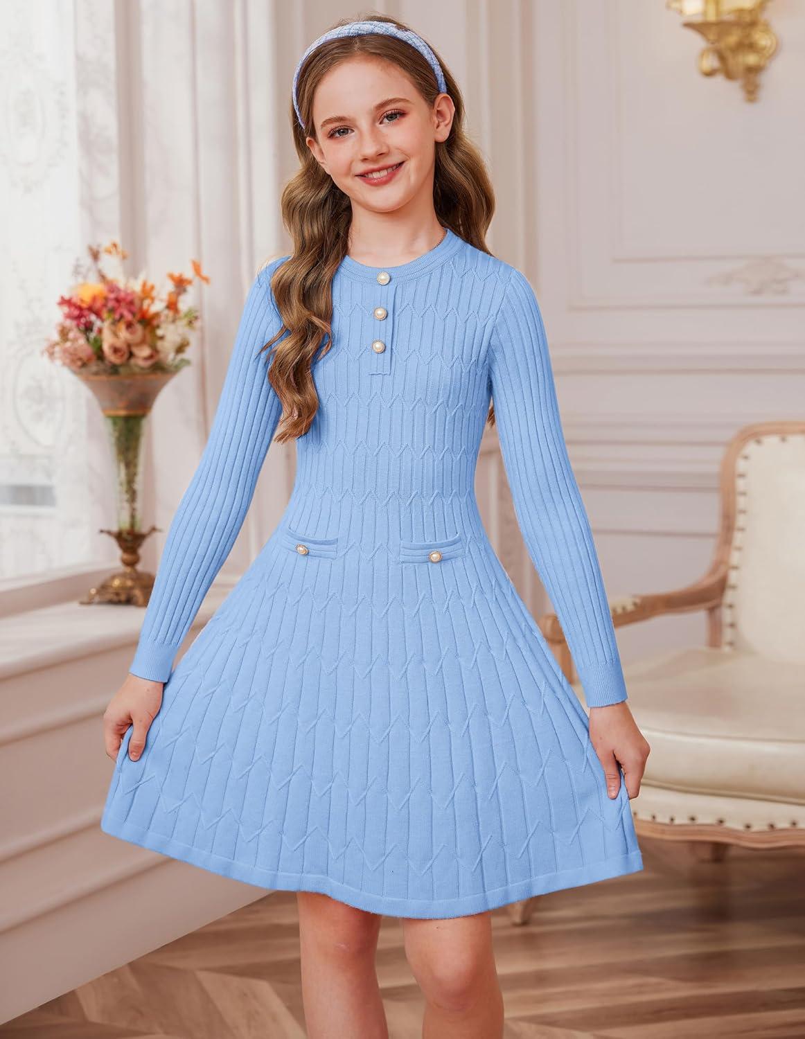 imageGRACE KARIN Girls Dress Fall Winter Sweater Long Sleeve Cable Knit Button Casual Dresses for Teen Girl 614YSky Blue