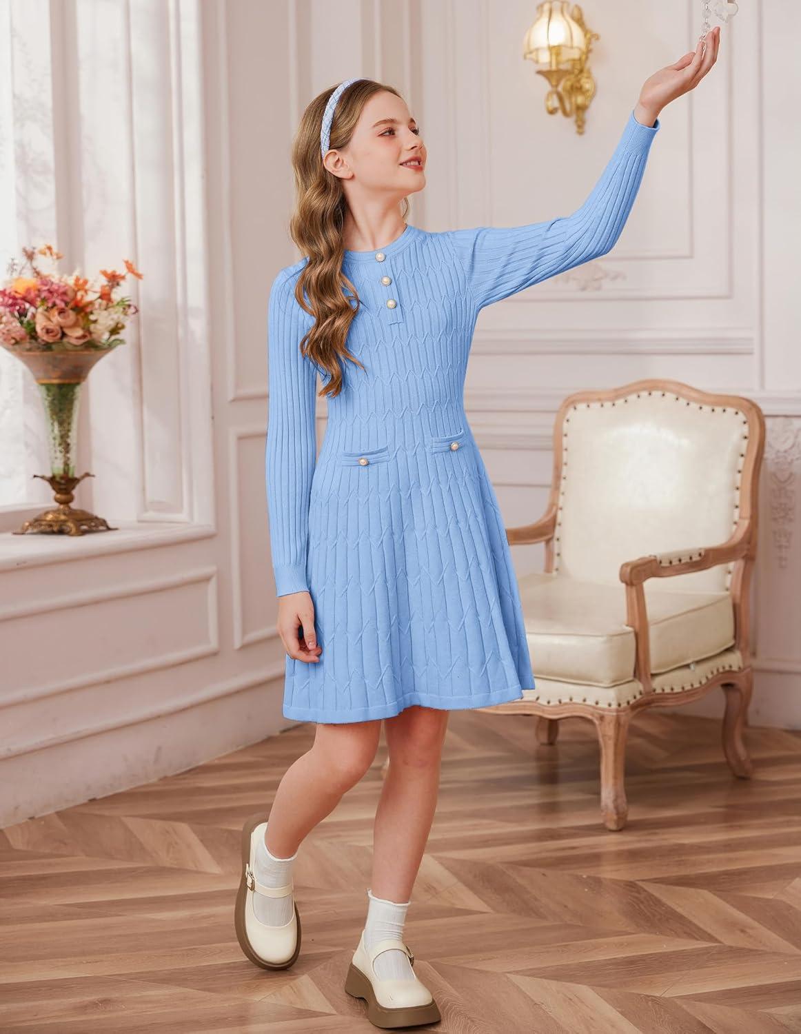 imageGRACE KARIN Girls Dress Fall Winter Sweater Long Sleeve Cable Knit Button Casual Dresses for Teen Girl 614YSky Blue