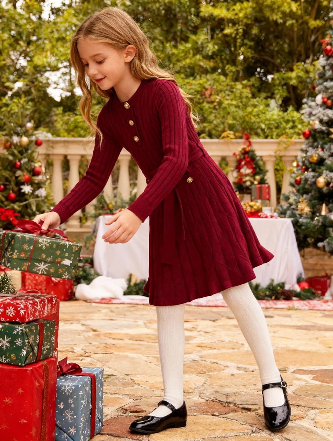imageGRACE KARIN Girls Dress Fall Winter Sweater Long Sleeve Cable Knit Button Casual Dresses for Teen Girl 614YWine Red