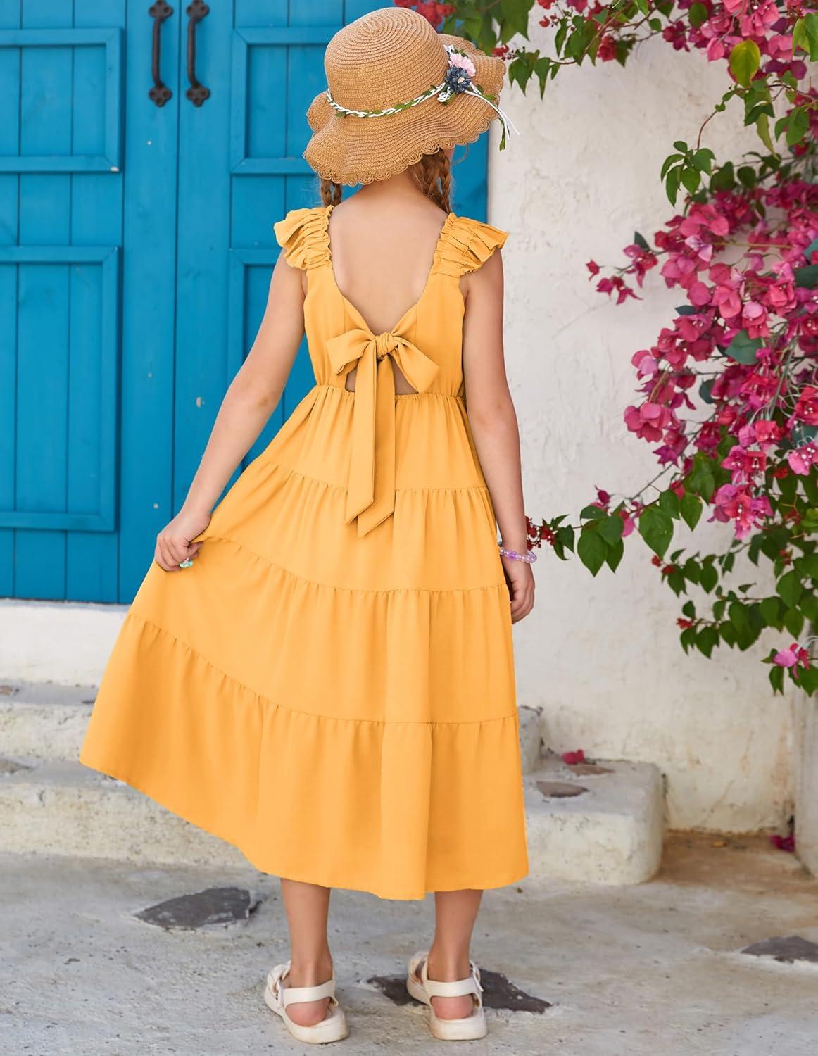 imageGRACE KARIN Girls Dress Summer Tie Back Party Dress Ruffle Sleeve Smoke Tiered Special Occasions Maxi Tween Dresses Size 514Apricot