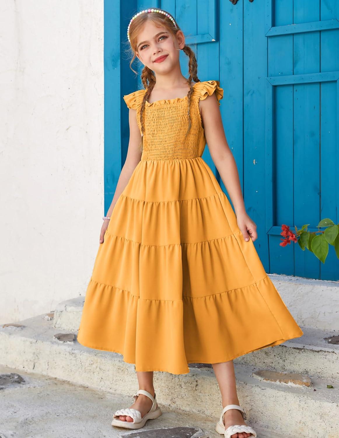 imageGRACE KARIN Girls Dress Summer Tie Back Party Dress Ruffle Sleeve Smoke Tiered Special Occasions Maxi Tween Dresses Size 514Apricot
