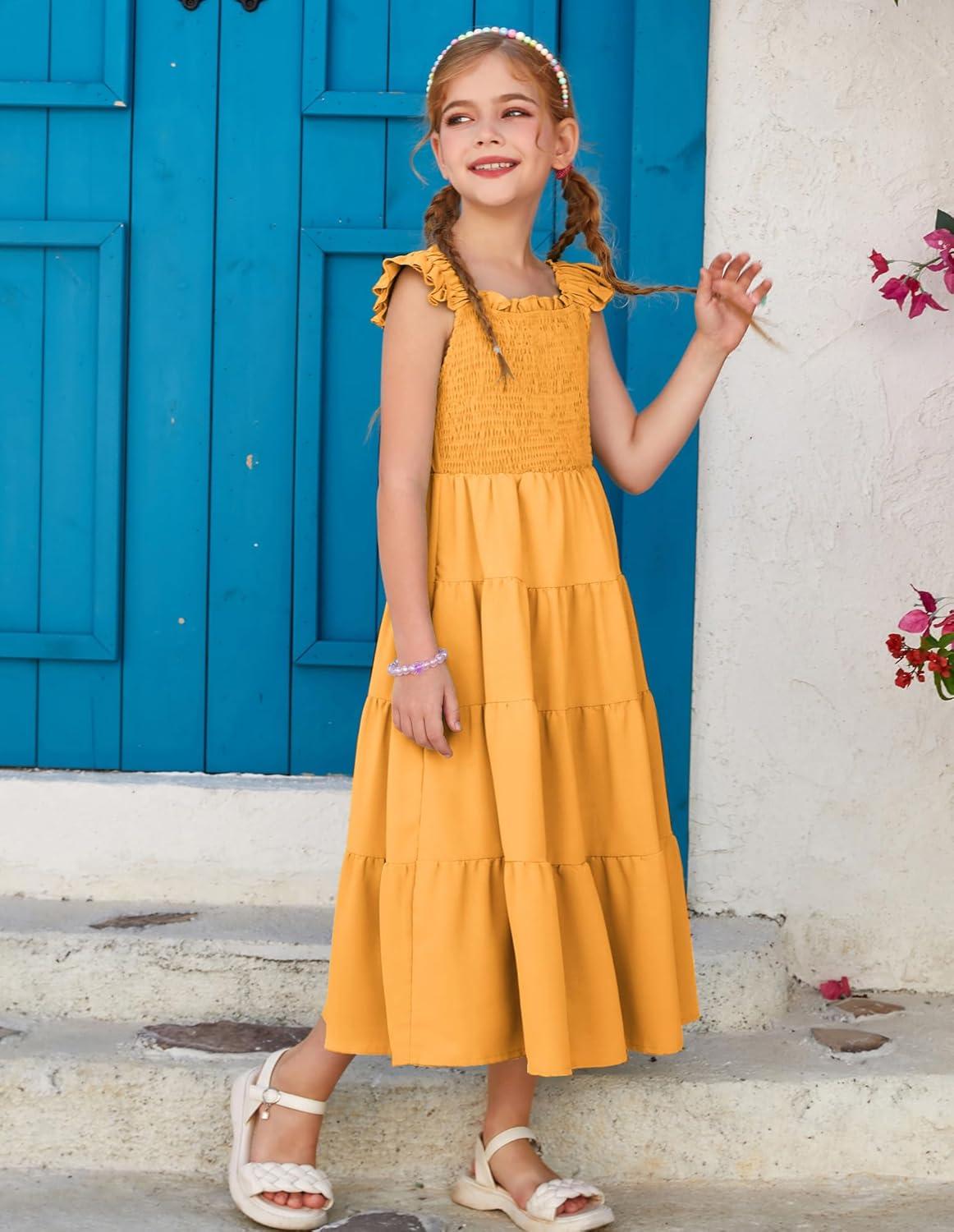 imageGRACE KARIN Girls Dress Summer Tie Back Party Dress Ruffle Sleeve Smoke Tiered Special Occasions Maxi Tween Dresses Size 514Apricot