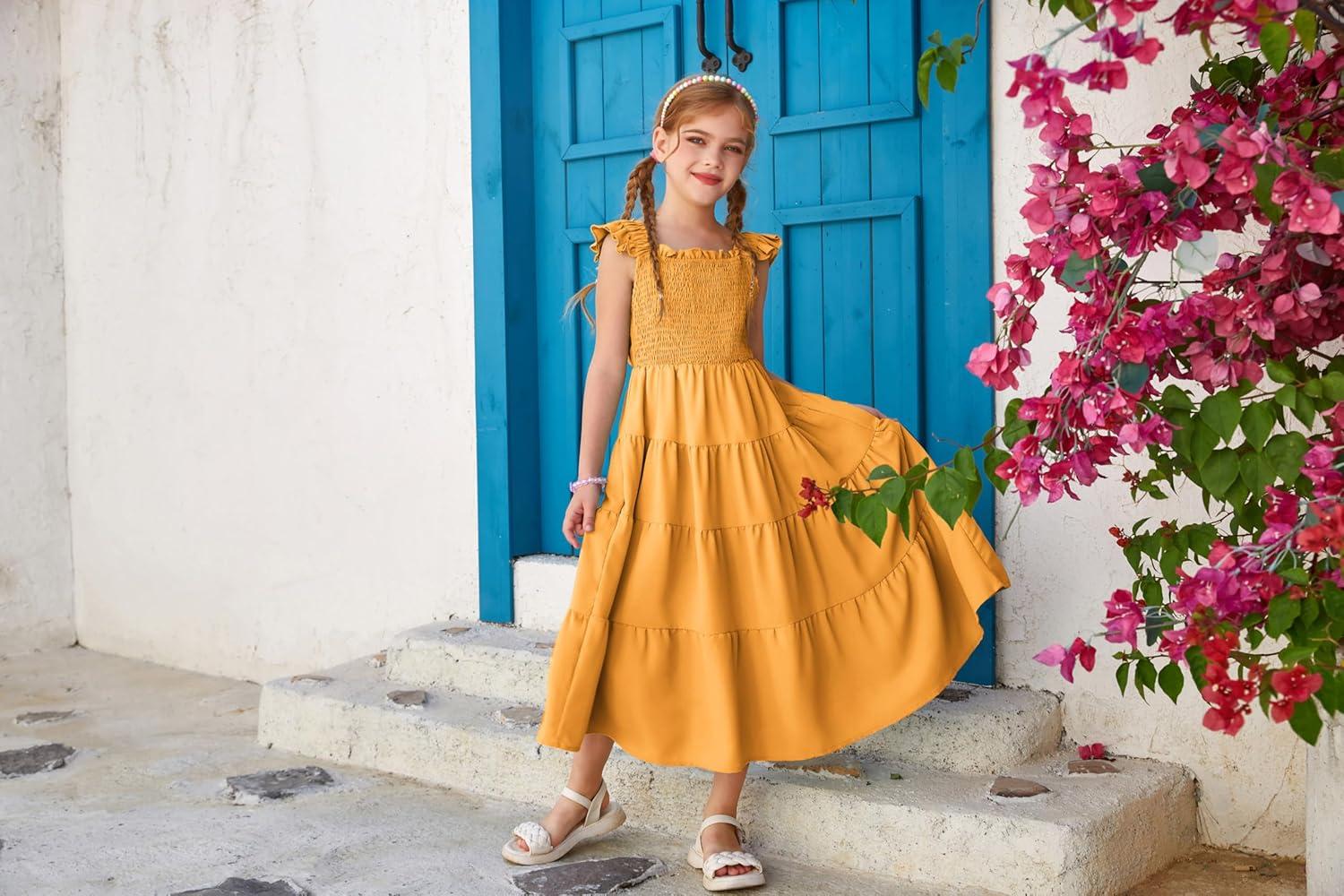 imageGRACE KARIN Girls Dress Summer Tie Back Party Dress Ruffle Sleeve Smoke Tiered Special Occasions Maxi Tween Dresses Size 514Apricot
