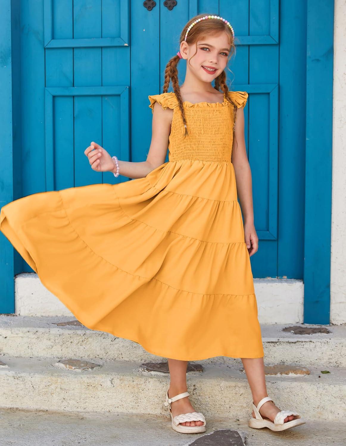 imageGRACE KARIN Girls Dress Summer Tie Back Party Dress Ruffle Sleeve Smoke Tiered Special Occasions Maxi Tween Dresses Size 514Apricot