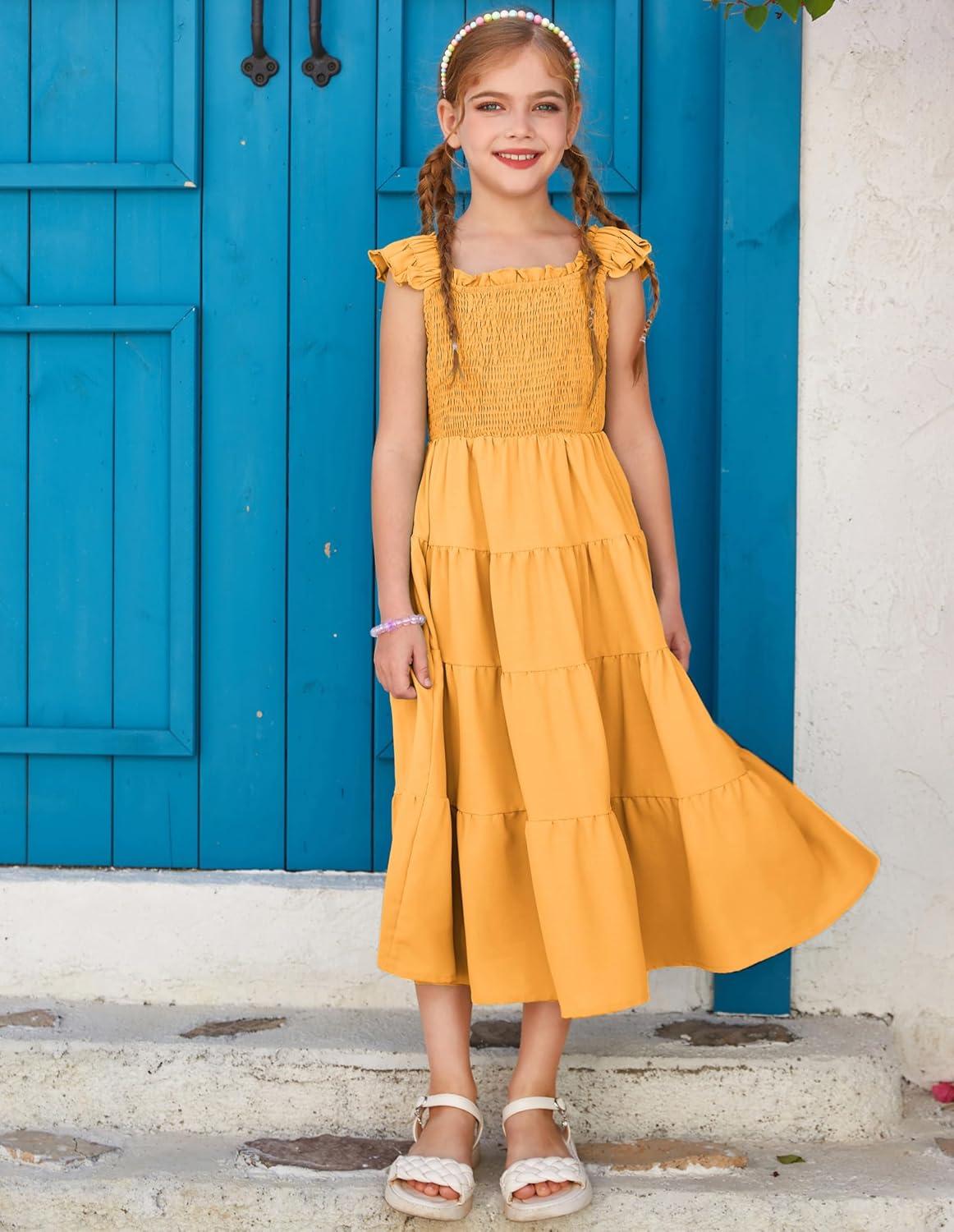 imageGRACE KARIN Girls Dress Summer Tie Back Party Dress Ruffle Sleeve Smoke Tiered Special Occasions Maxi Tween Dresses Size 514Apricot