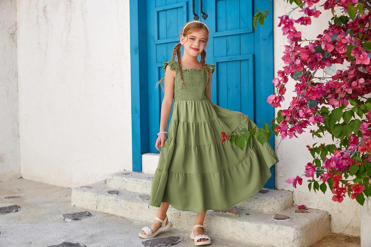 imageGRACE KARIN Girls Dress Summer Tie Back Party Dress Ruffle Sleeve Smoke Tiered Special Occasions Maxi Tween Dresses Size 514Army Green