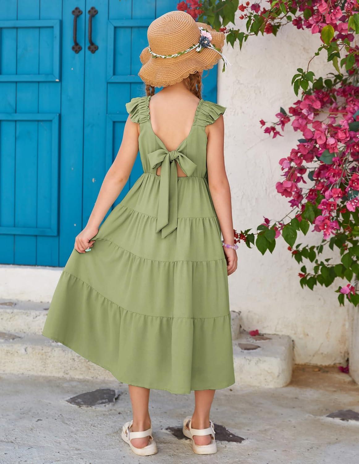imageGRACE KARIN Girls Dress Summer Tie Back Party Dress Ruffle Sleeve Smoke Tiered Special Occasions Maxi Tween Dresses Size 514Army Green