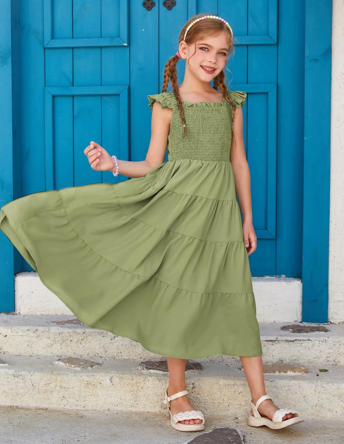 imageGRACE KARIN Girls Dress Summer Tie Back Party Dress Ruffle Sleeve Smoke Tiered Special Occasions Maxi Tween Dresses Size 514Army Green
