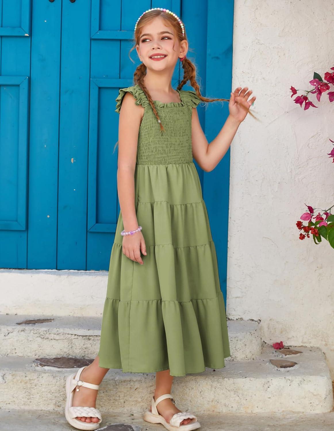 imageGRACE KARIN Girls Dress Summer Tie Back Party Dress Ruffle Sleeve Smoke Tiered Special Occasions Maxi Tween Dresses Size 514Army Green