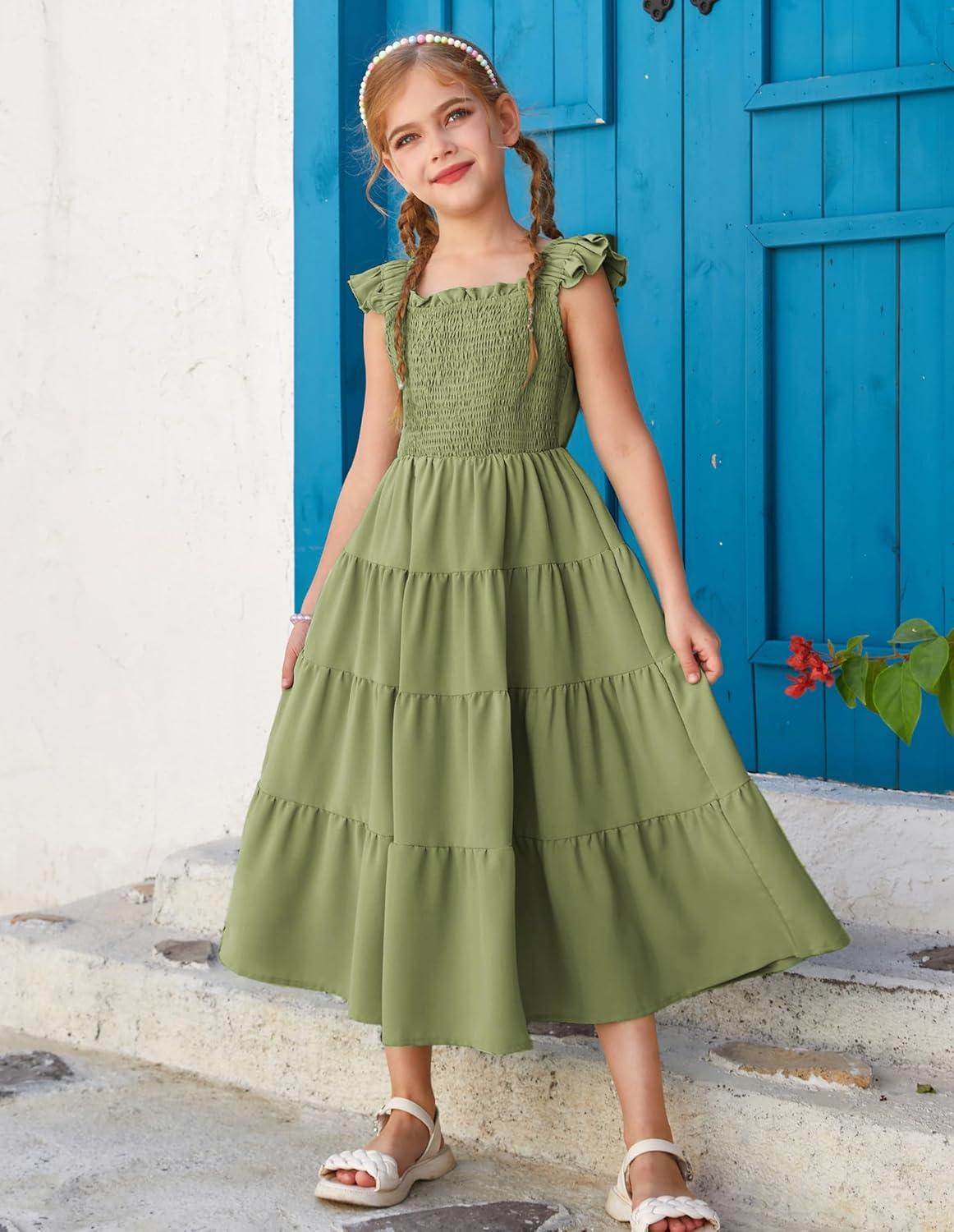 imageGRACE KARIN Girls Dress Summer Tie Back Party Dress Ruffle Sleeve Smoke Tiered Special Occasions Maxi Tween Dresses Size 514Army Green