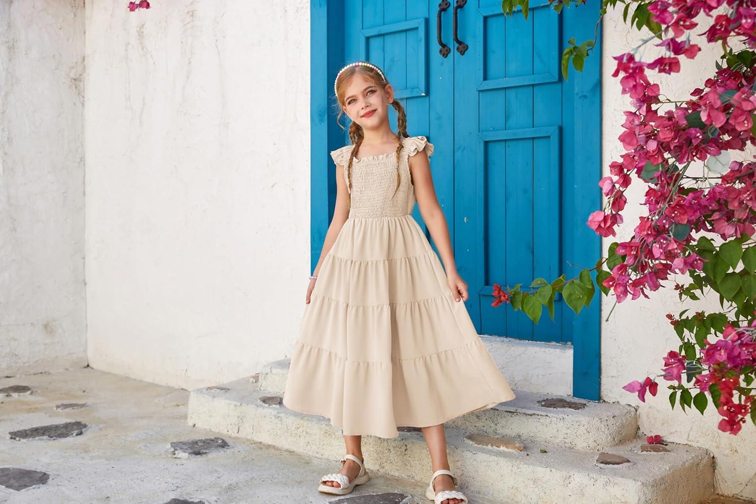 imageGRACE KARIN Girls Dress Summer Tie Back Party Dress Ruffle Sleeve Smoke Tiered Special Occasions Maxi Tween Dresses Size 514Cream