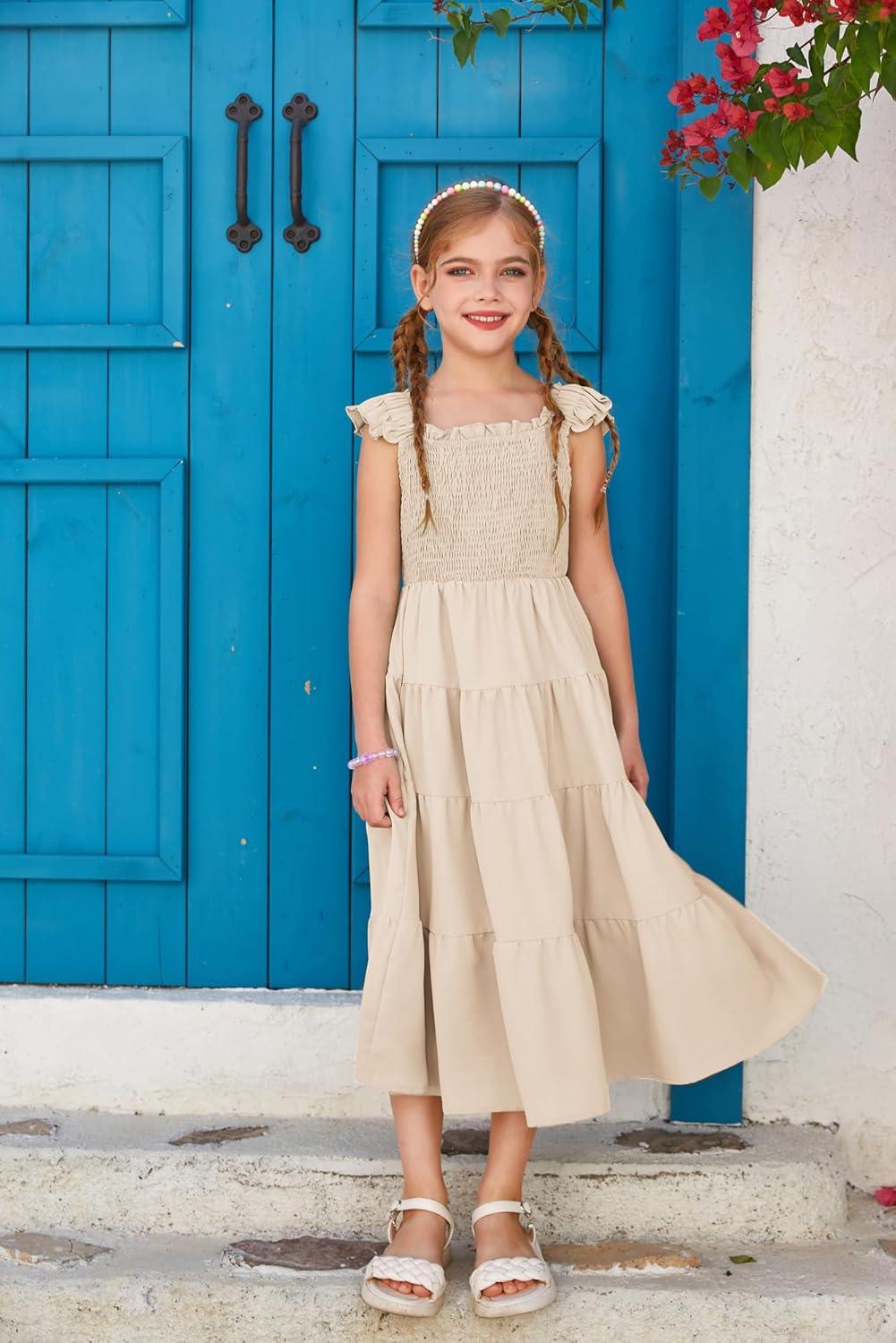 imageGRACE KARIN Girls Dress Summer Tie Back Party Dress Ruffle Sleeve Smoke Tiered Special Occasions Maxi Tween Dresses Size 514Cream