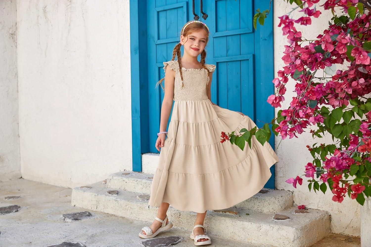 imageGRACE KARIN Girls Dress Summer Tie Back Party Dress Ruffle Sleeve Smoke Tiered Special Occasions Maxi Tween Dresses Size 514Cream
