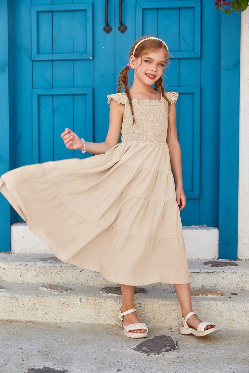 imageGRACE KARIN Girls Dress Summer Tie Back Party Dress Ruffle Sleeve Smoke Tiered Special Occasions Maxi Tween Dresses Size 514Cream