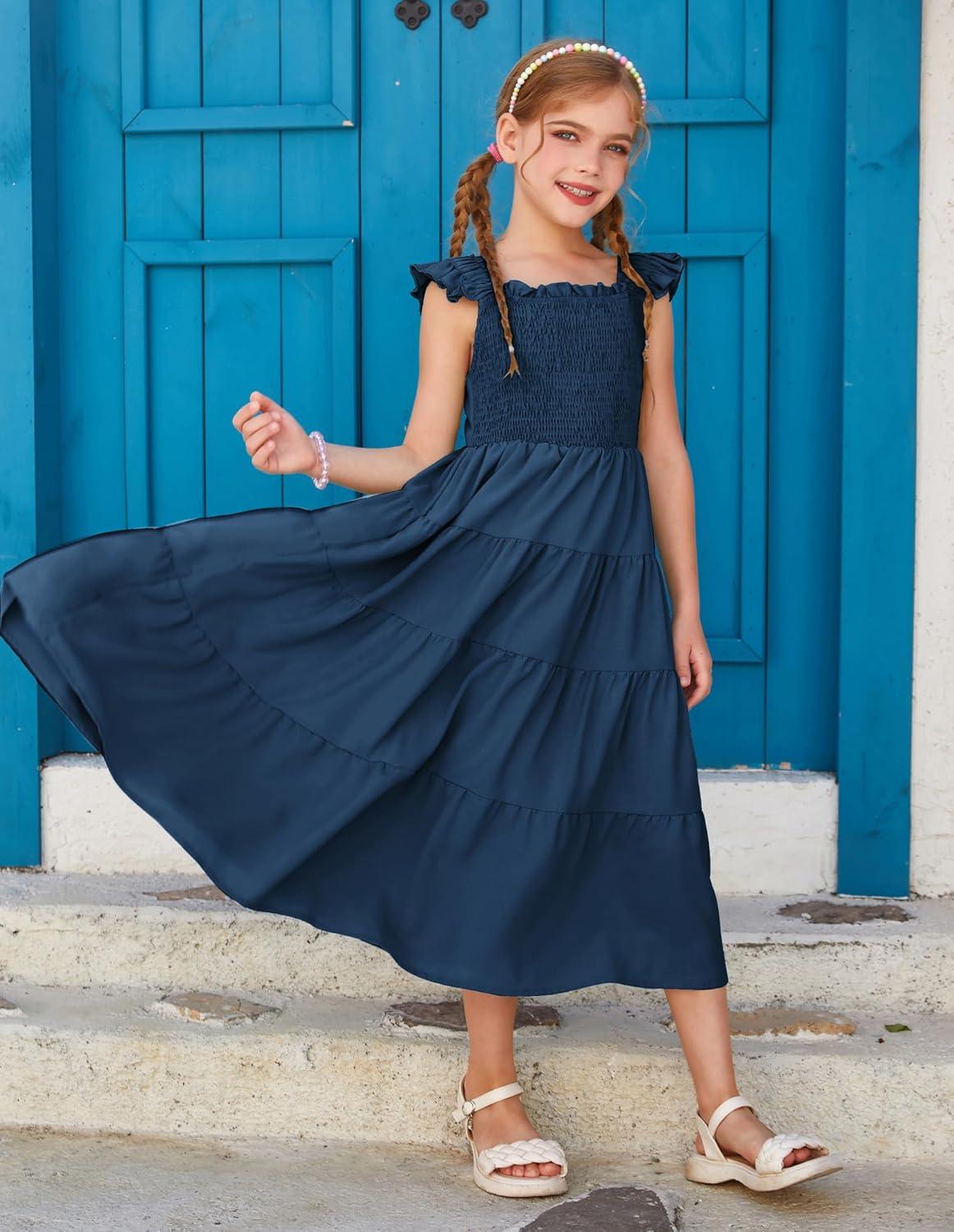 imageGRACE KARIN Girls Dress Summer Tie Back Party Dress Ruffle Sleeve Smoke Tiered Special Occasions Maxi Tween Dresses Size 514Deep Blue