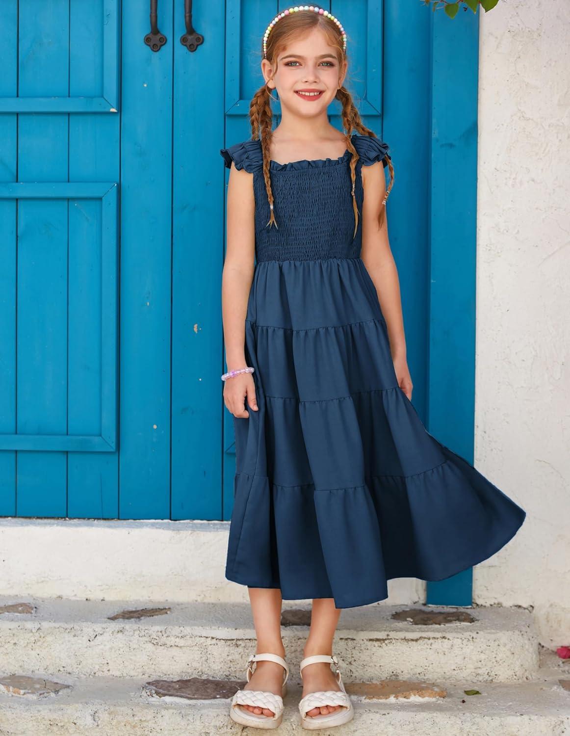 imageGRACE KARIN Girls Dress Summer Tie Back Party Dress Ruffle Sleeve Smoke Tiered Special Occasions Maxi Tween Dresses Size 514Deep Blue