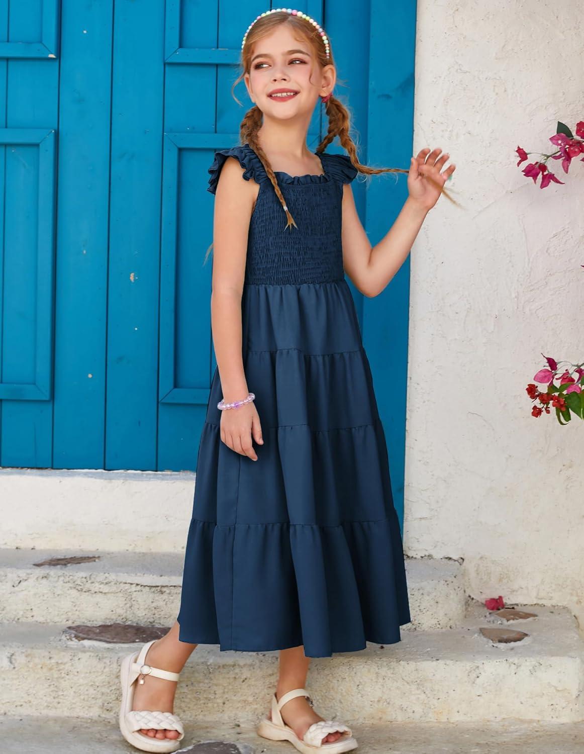 imageGRACE KARIN Girls Dress Summer Tie Back Party Dress Ruffle Sleeve Smoke Tiered Special Occasions Maxi Tween Dresses Size 514Deep Blue