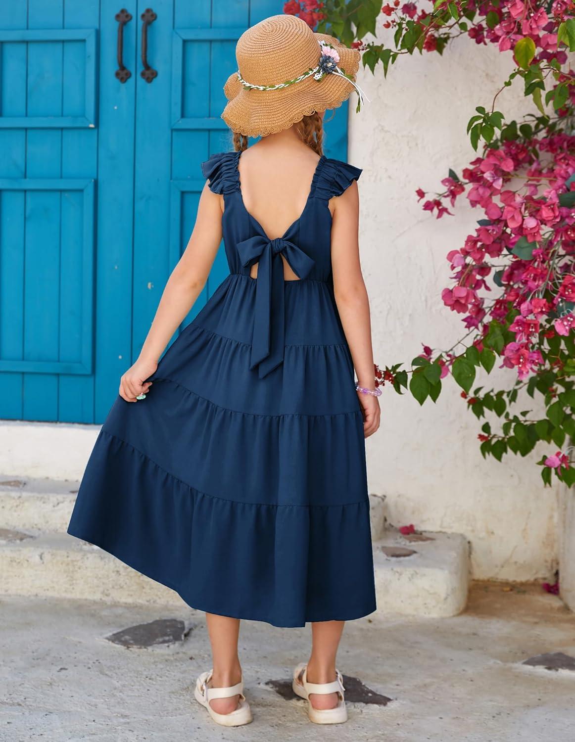 imageGRACE KARIN Girls Dress Summer Tie Back Party Dress Ruffle Sleeve Smoke Tiered Special Occasions Maxi Tween Dresses Size 514Deep Blue