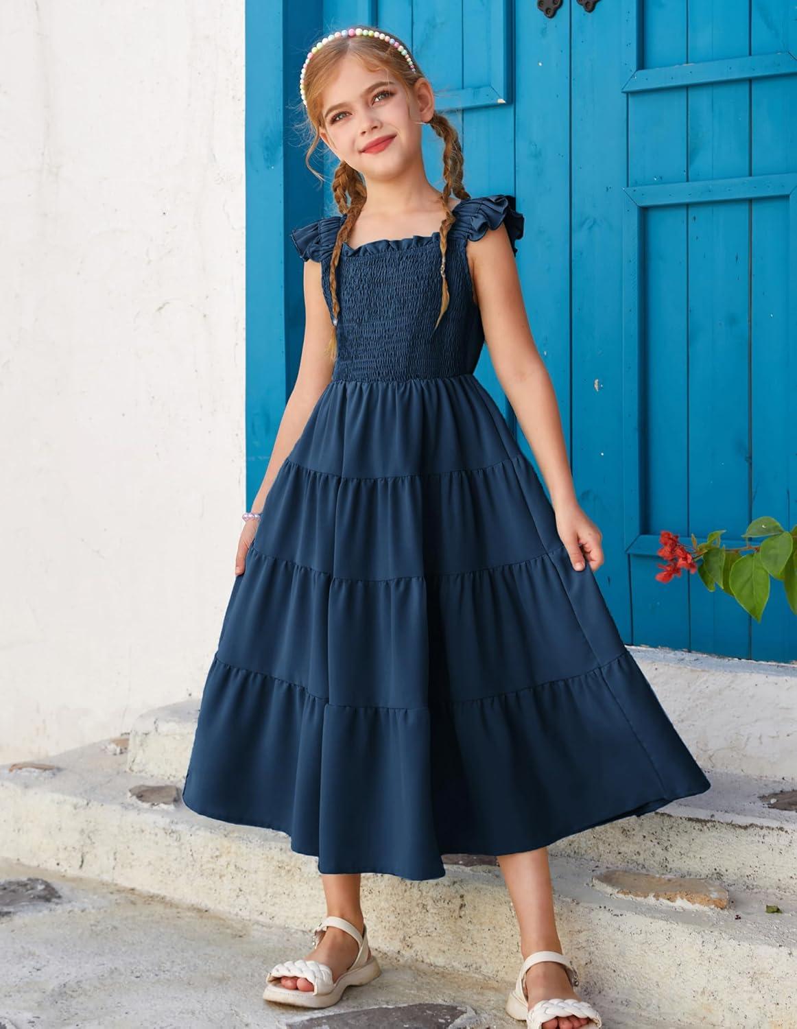 imageGRACE KARIN Girls Dress Summer Tie Back Party Dress Ruffle Sleeve Smoke Tiered Special Occasions Maxi Tween Dresses Size 514Deep Blue