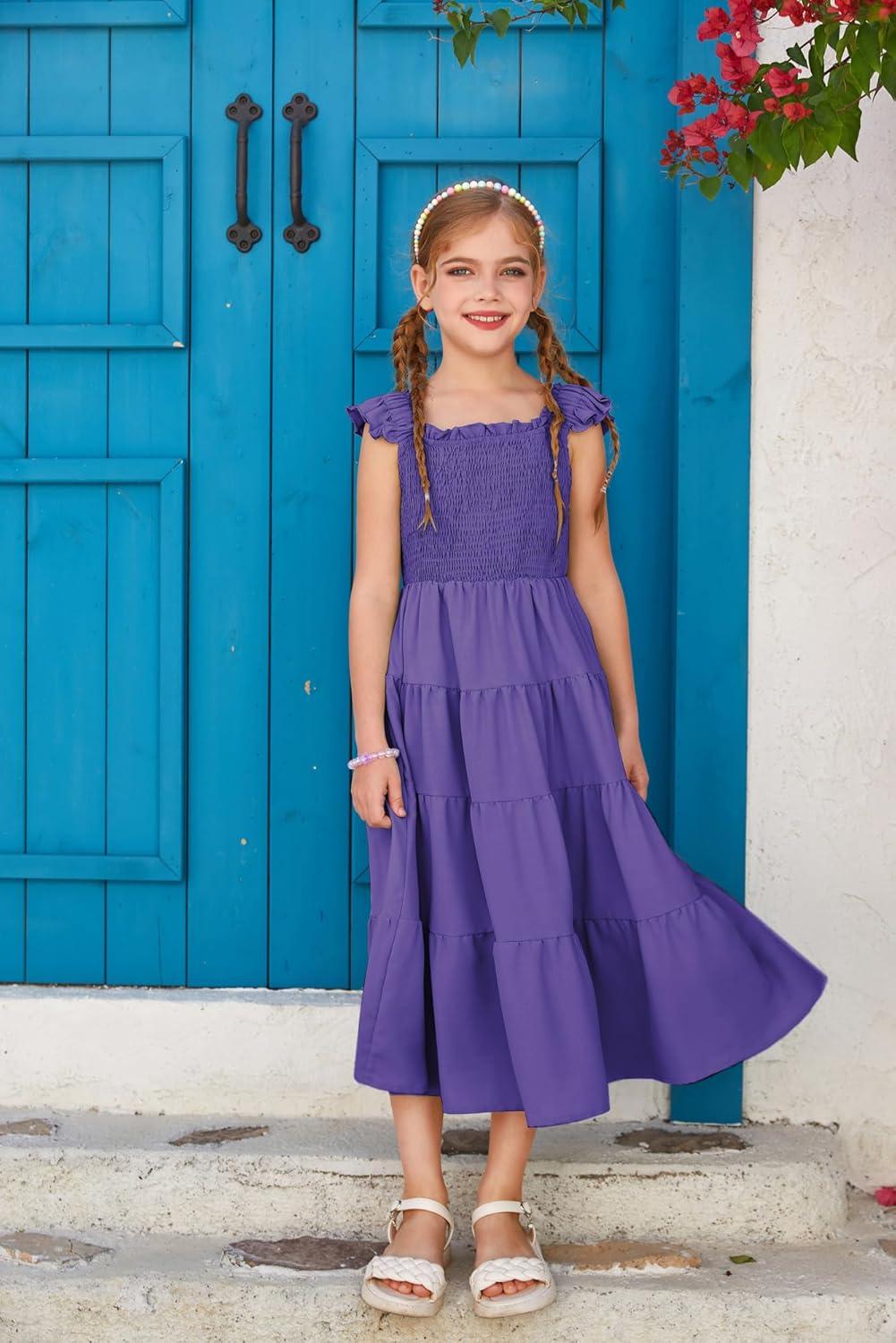 imageGRACE KARIN Girls Dress Summer Tie Back Party Dress Ruffle Sleeve Smoke Tiered Special Occasions Maxi Tween Dresses Size 514Deep Purple
