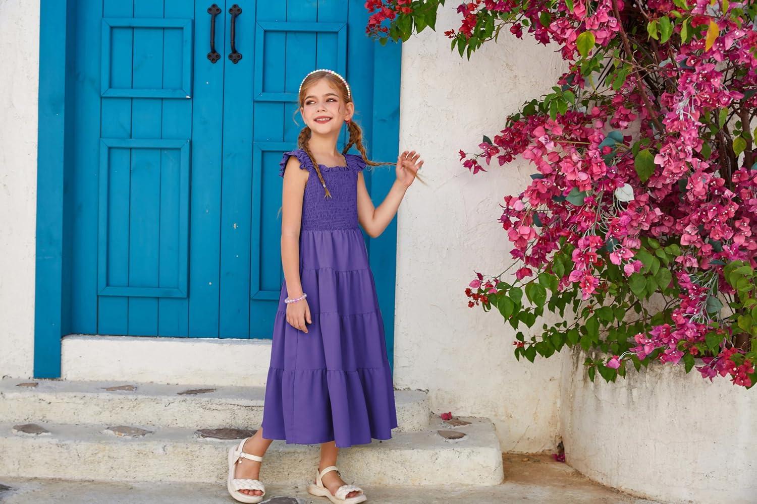 imageGRACE KARIN Girls Dress Summer Tie Back Party Dress Ruffle Sleeve Smoke Tiered Special Occasions Maxi Tween Dresses Size 514Deep Purple