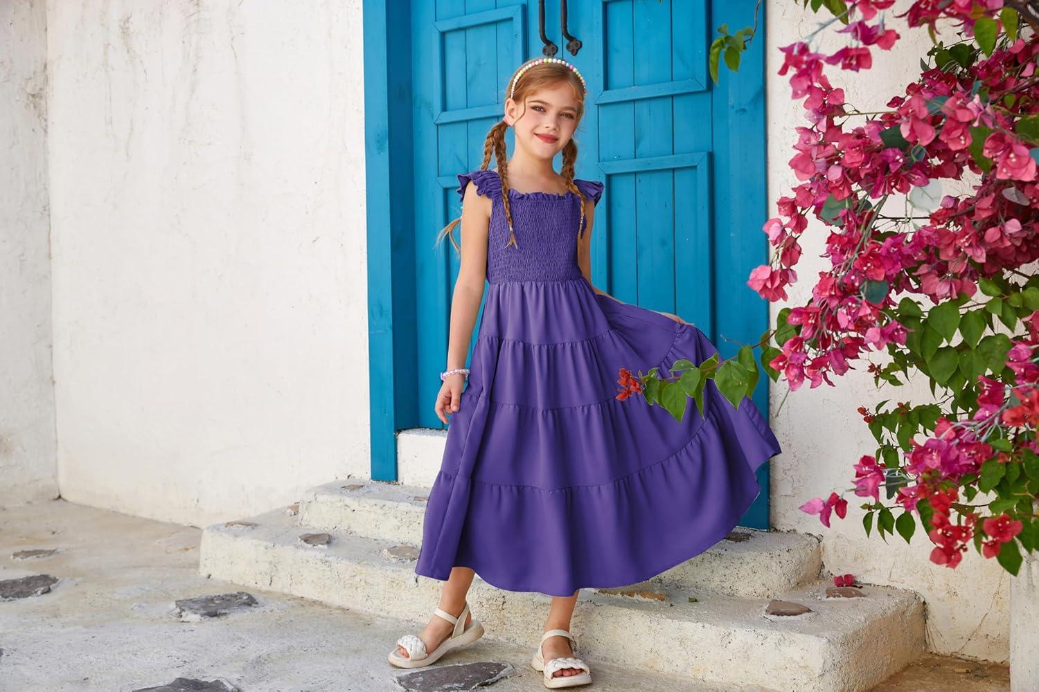 imageGRACE KARIN Girls Dress Summer Tie Back Party Dress Ruffle Sleeve Smoke Tiered Special Occasions Maxi Tween Dresses Size 514Deep Purple