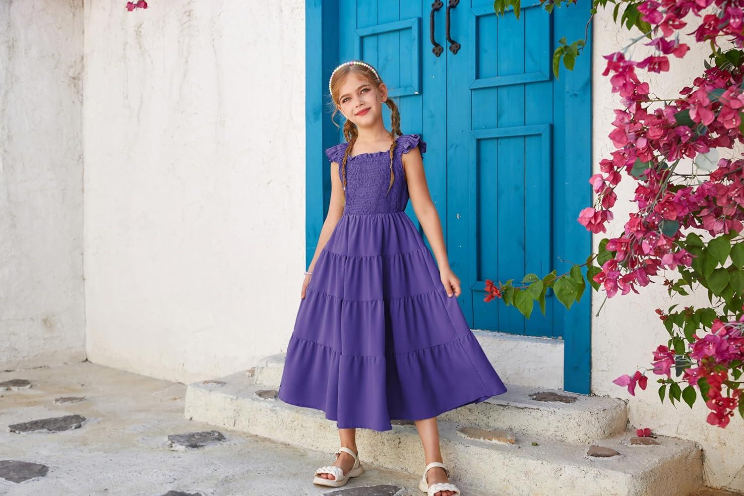 imageGRACE KARIN Girls Dress Summer Tie Back Party Dress Ruffle Sleeve Smoke Tiered Special Occasions Maxi Tween Dresses Size 514Deep Purple