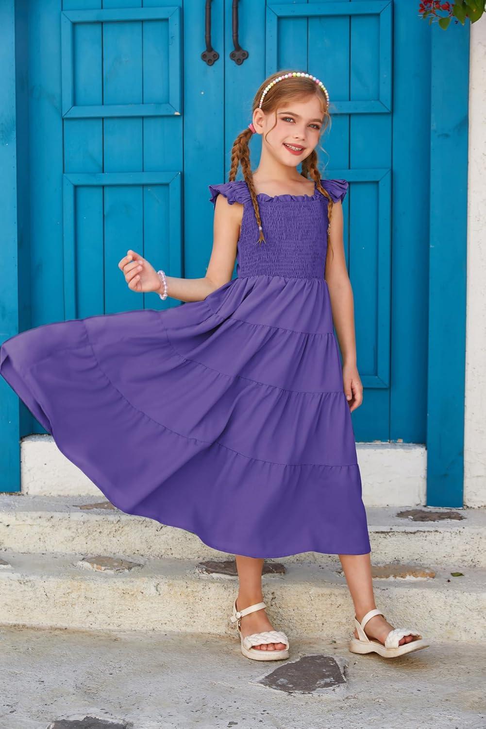 imageGRACE KARIN Girls Dress Summer Tie Back Party Dress Ruffle Sleeve Smoke Tiered Special Occasions Maxi Tween Dresses Size 514Deep Purple