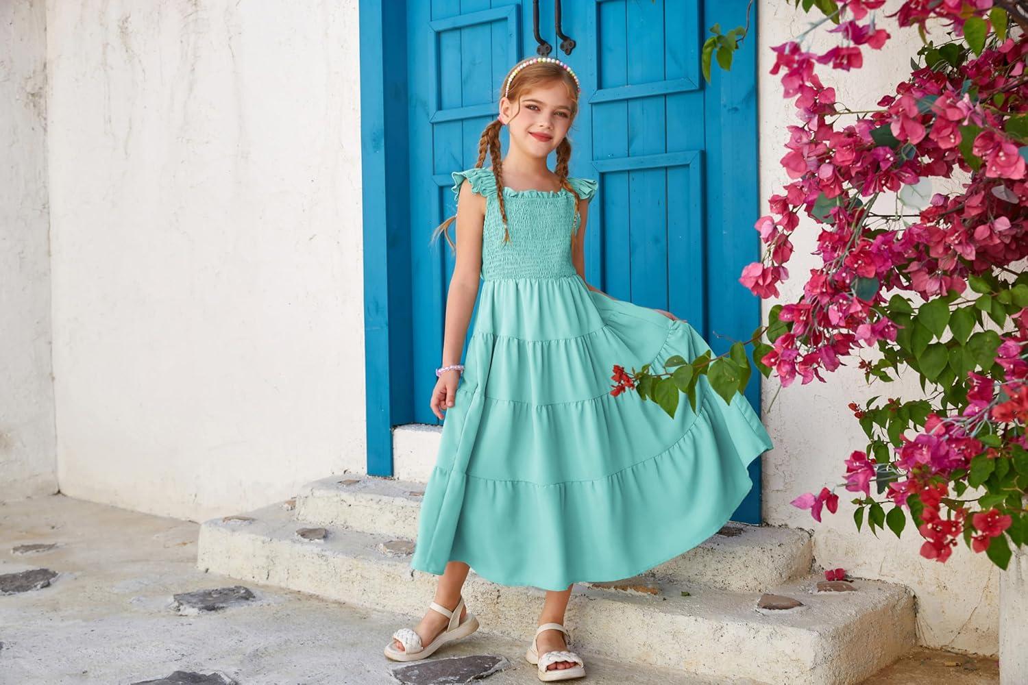 imageGRACE KARIN Girls Dress Summer Tie Back Party Dress Ruffle Sleeve Smoke Tiered Special Occasions Maxi Tween Dresses Size 514Green Blue