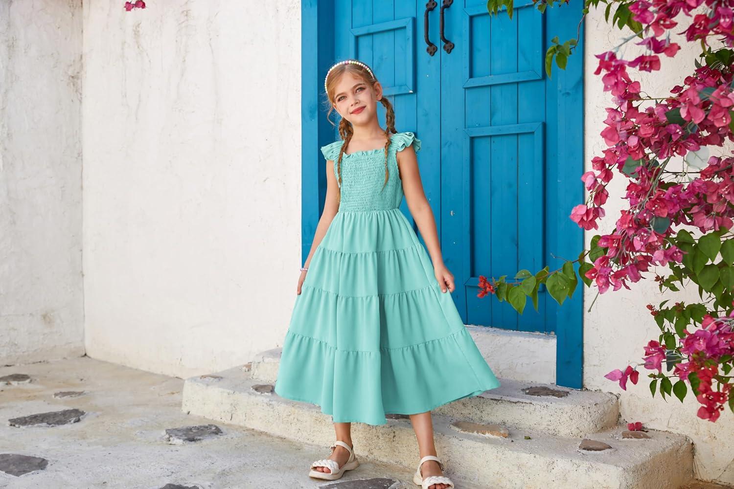 imageGRACE KARIN Girls Dress Summer Tie Back Party Dress Ruffle Sleeve Smoke Tiered Special Occasions Maxi Tween Dresses Size 514Green Blue