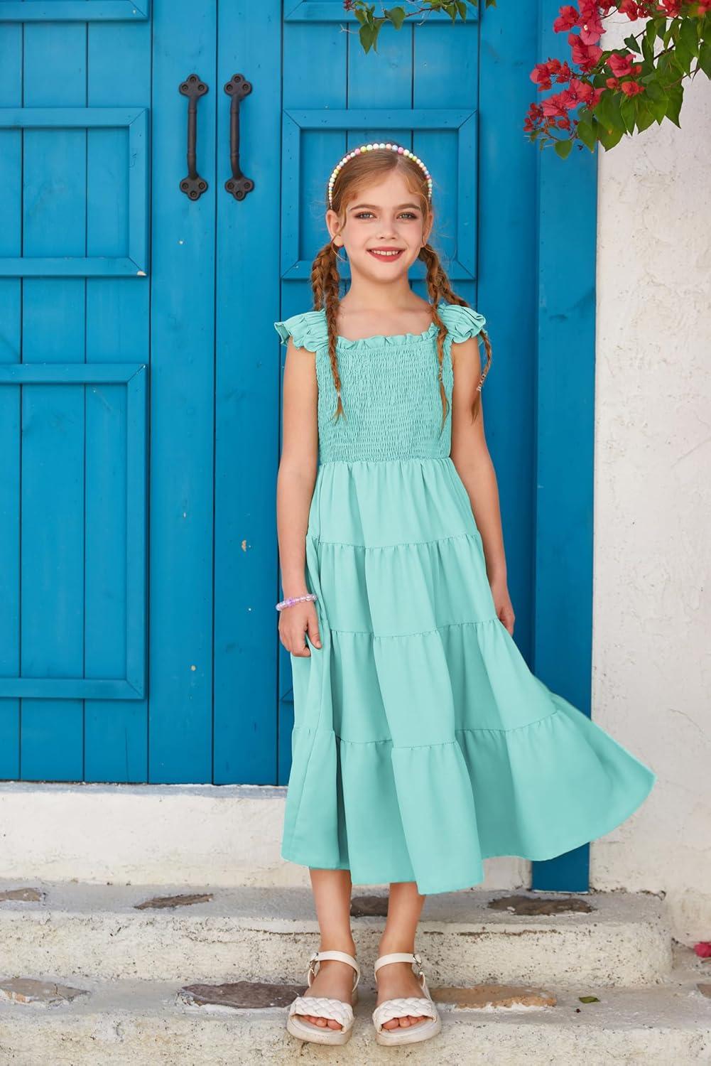 imageGRACE KARIN Girls Dress Summer Tie Back Party Dress Ruffle Sleeve Smoke Tiered Special Occasions Maxi Tween Dresses Size 514Green Blue
