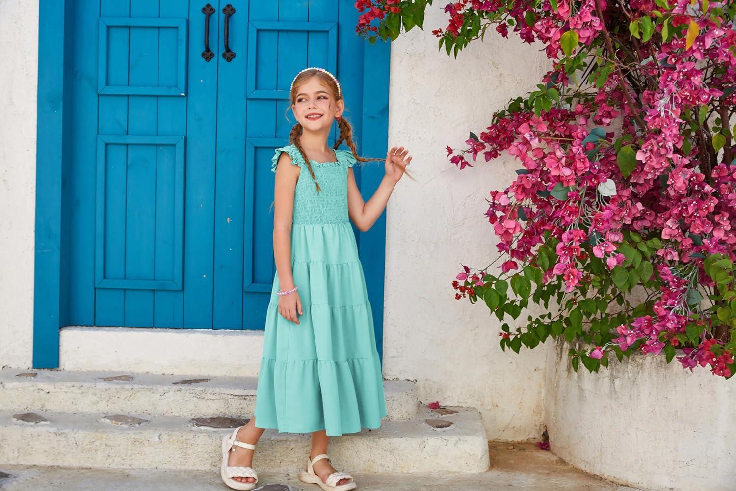 imageGRACE KARIN Girls Dress Summer Tie Back Party Dress Ruffle Sleeve Smoke Tiered Special Occasions Maxi Tween Dresses Size 514Green Blue