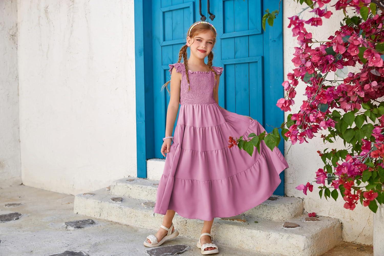 imageGRACE KARIN Girls Dress Summer Tie Back Party Dress Ruffle Sleeve Smoke Tiered Special Occasions Maxi Tween Dresses Size 514Grey Purple